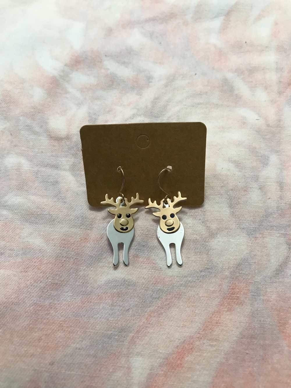 Silver and Gold Tone Dangling Articulated Deer Christmas Holiday Earrings